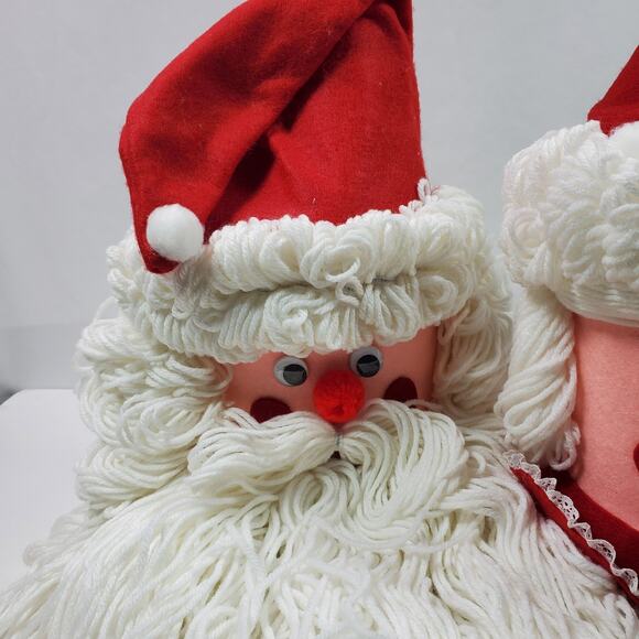Vintage Santa & Mrs Claus Face Head Yarn Beard Christmas Handmade Shelf Sitters - Picture 3 of 11